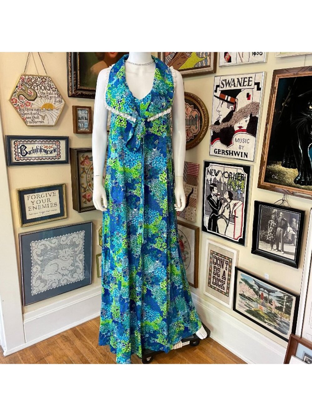 70s Vintage Blue & Green Floral Barkcloth Sleeveless Tie Front Maxi Dress Size S